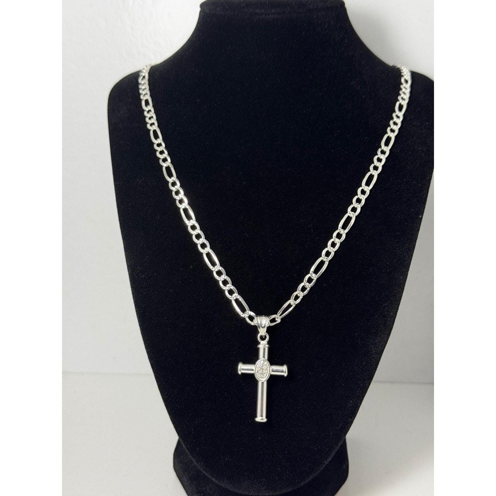 Sterling Silver 925 Saint Benedict Cross Pendant Figaro Chain Necklace 22"